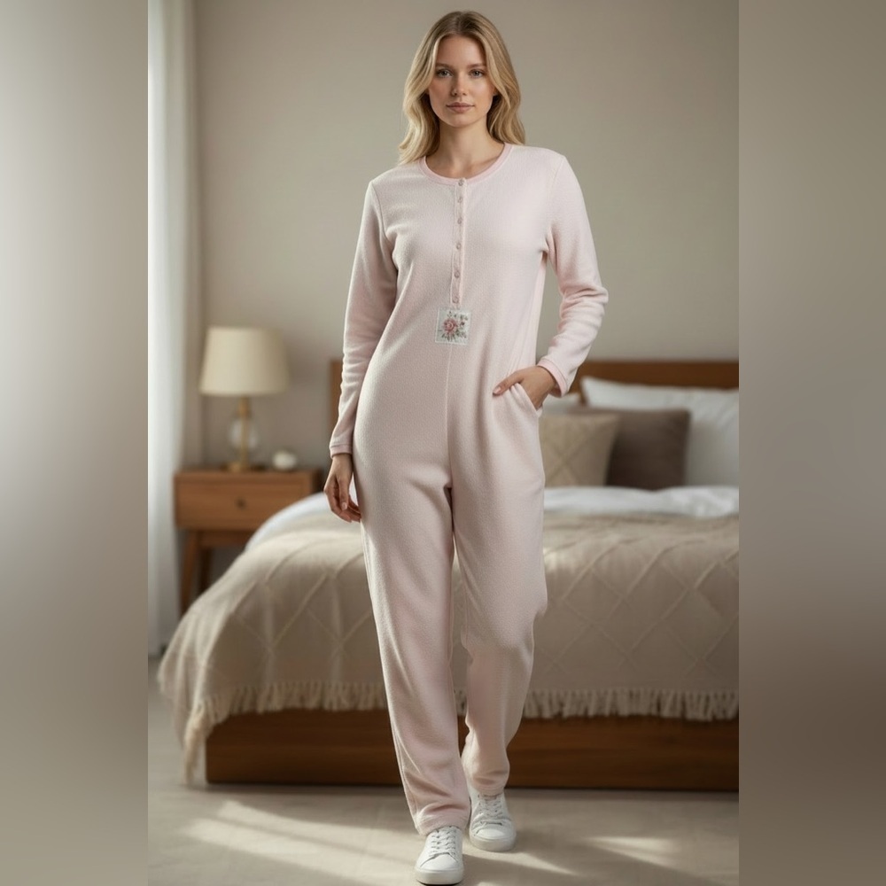 Vintage Rare 90s Victoria's Secret Pink Cottagecore Fleece Onesie Pajamas Small